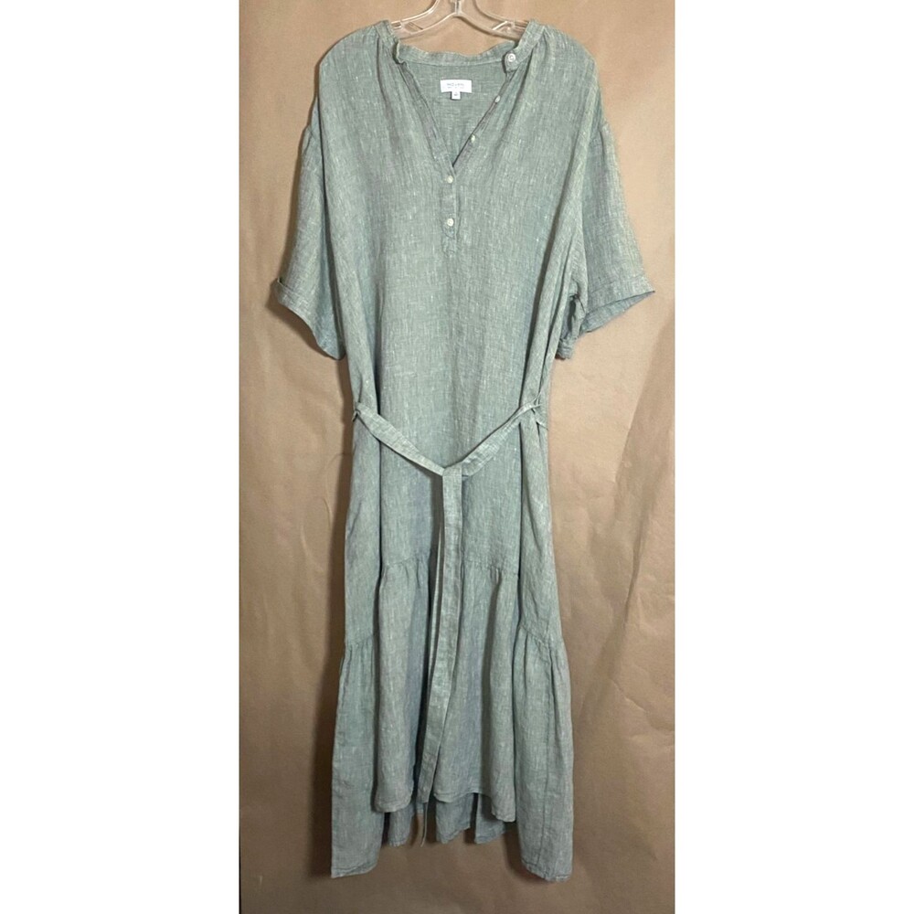 Haven Well Within Linen Tiered Midi Dress Womens Size XL Sage Green Belted